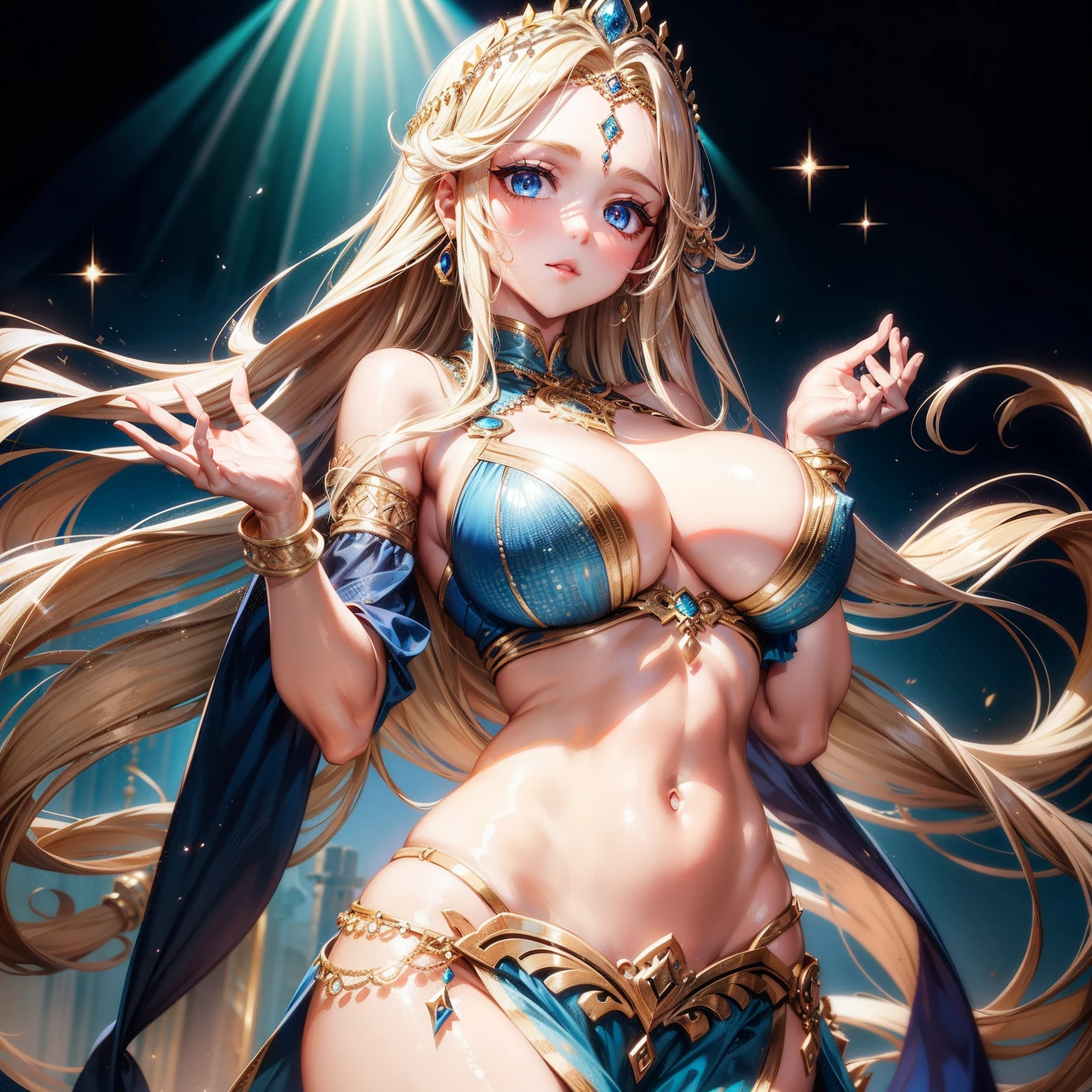 1girll,Belly dance costumes, long wave hair, light blonde hair, forehead, blue eyes, big breasts, perfect face, perfect hands, perfect figure