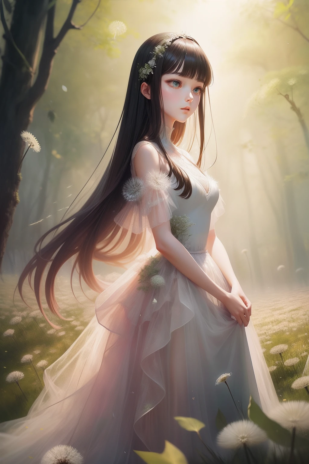 A woman in a light tulle dress in a white dandelion forest, Brunette long hair lady with glowing tulle dress, It is covered with flesh green and flesh pink, Glowing firefly background,inspired by Wadim Kashin, by Russell Dongjun Lu, inspired by Yanjun Cheng, inspired by Hsiao-Ron Cheng, Beautiful digital artwork, inspired by Ray Caesar