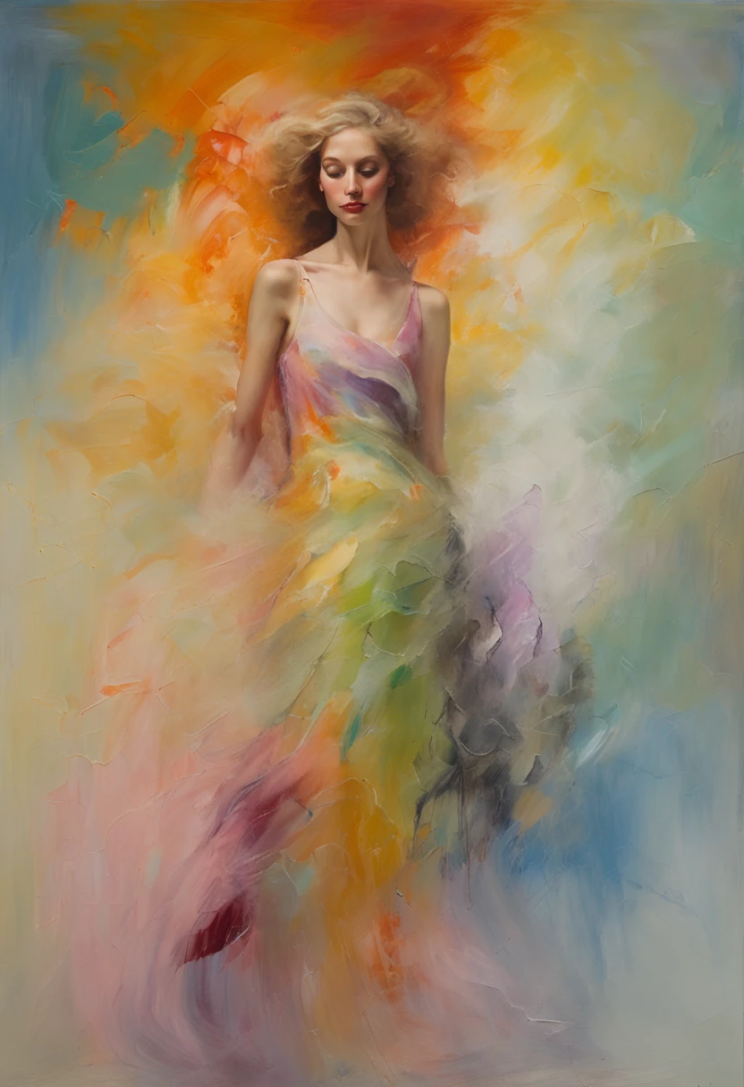 (oil painted),(Picture frame),romanticism lain, mistic, A beautiful young woman,Endless extra-long blonde hair, Flow around her, blown in the wind,(A soft wisp of rainbow smoke floated around her body) ,An elegant dress (Billowing smoke and the soft swirls of colorful cosmic nebulae), in the background (Stunning crystals and a variety of colorful minerals: 1.6)