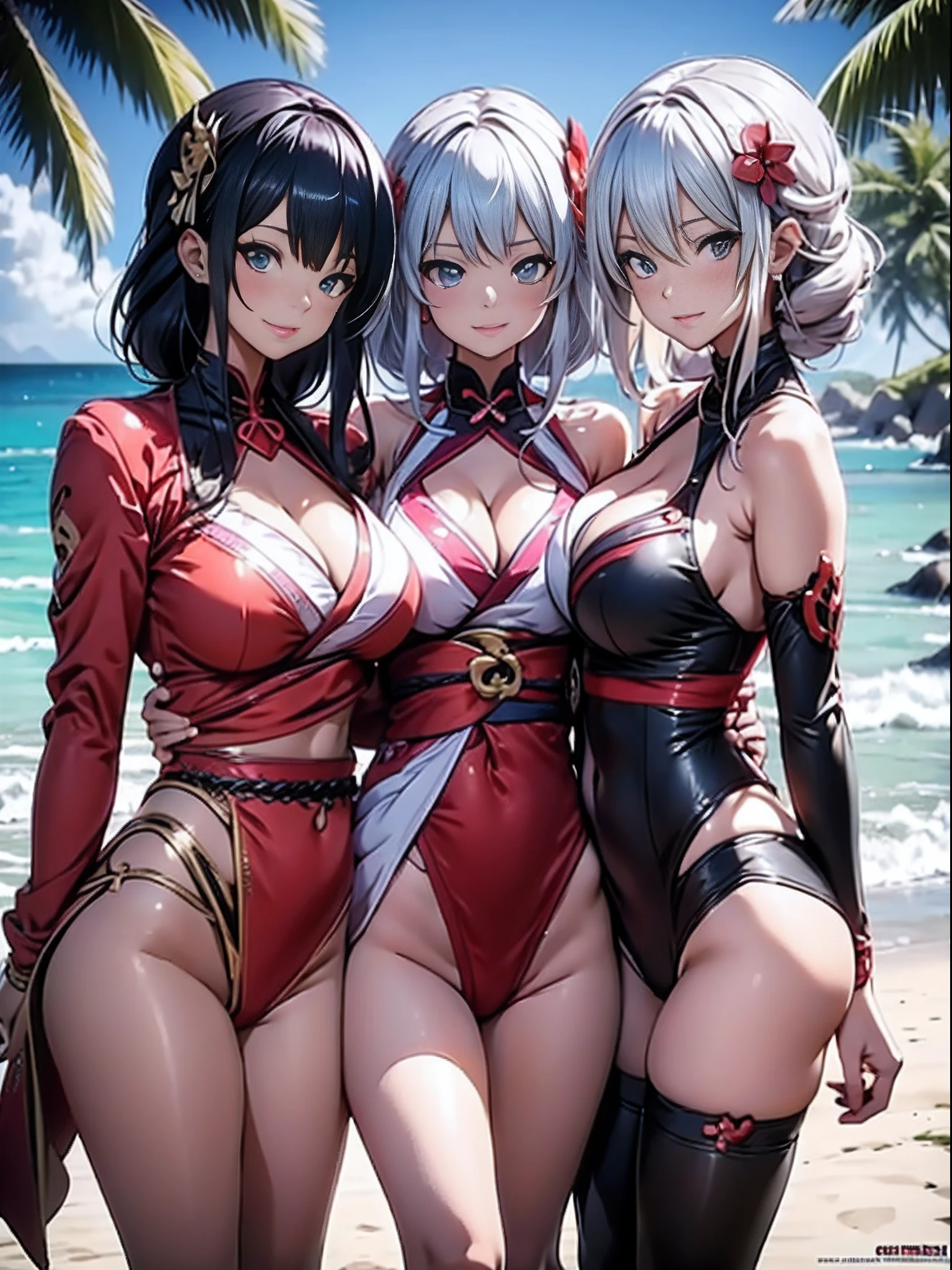 Three women in bikinis pose for a group photo on the beach, seductive anime girls, beautiful and seductive anime woman, Guviz-style artwork, Perfect white haired girl, Guviz, Beautiful anime girl, ross tran. scenery background, in beach, Beautiful anime woman, trending on artstation pixiv, Extremely detailed Artgerm, Beautiful anime，Extra-large big breasts，Blush，