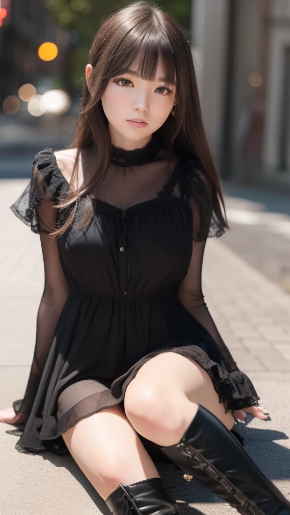 masterpiece、top-quality、in 8K、Raw photo、(Photorealsitic: 1.4)、ultra-detailliert、hight resolution、finely detail、natural soft light、独奏、(1girl in:1.4 )、Brown hair:1.4、 length hair、(real looking skin:1.2)、Beautiful Girl Beautiful Details、extremely detailed eye and face、ultra detailed and beautiful、Laughing:1.5、Black eyes、Black ruffled dress、Black boots、sitting on ground、blurry backround、Night city