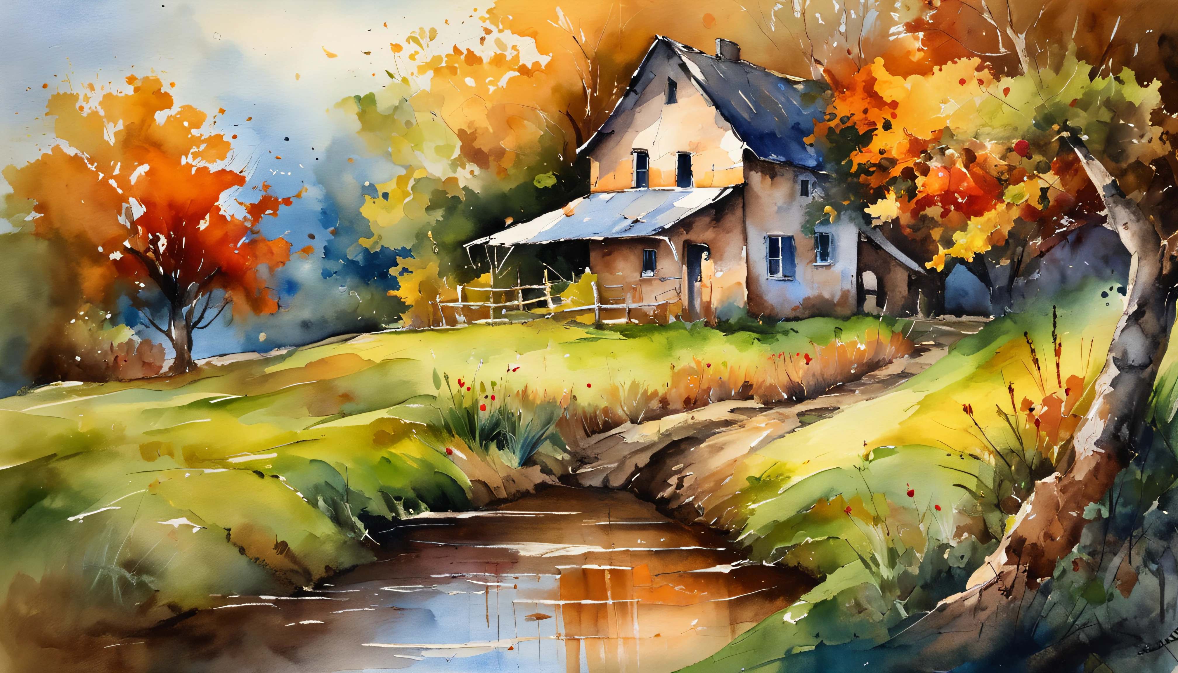 A farm house under the big tree beside the stream, Sunset, Oil painting, classic style, rich colors, brushstrokes, vibrant textures, expressive portraits, dynamic composition, capturing light and shadow, artistry, timeless beauty.