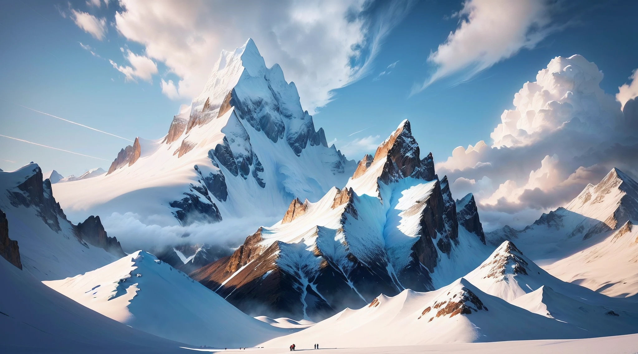 Mountains covered with snow and clouds with people on skis, majestic snowy mountains, with a snowy mountain and ice, ice mountain, snowy mountain landscape, marc adamus, beautiful mountains, Snowy mountains, ryan dyar, High hills, snow mountains, Snowy mountain background, snow capped mountains, breathtaking mountains, 4k highly detailed digital art,Blue sky