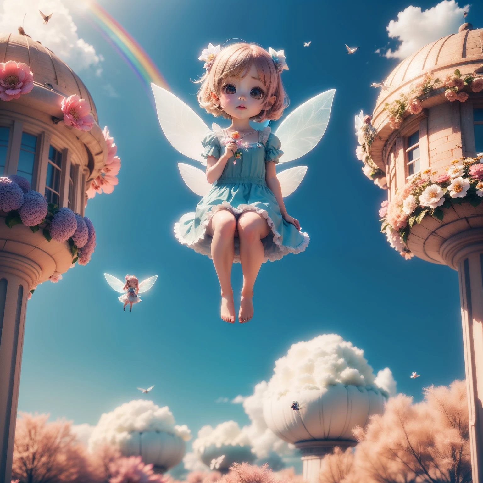 Cute Baby Chibi Anime、(((chibi 3d))) (Best Quality), (masutepiece)、(Chibi Fairy:1.3) (Floating in mid-air:1.3), Fly over flowers, Sit on a flower in the air、Under no gravity, Bird's Garden View,Rainbow in the sky