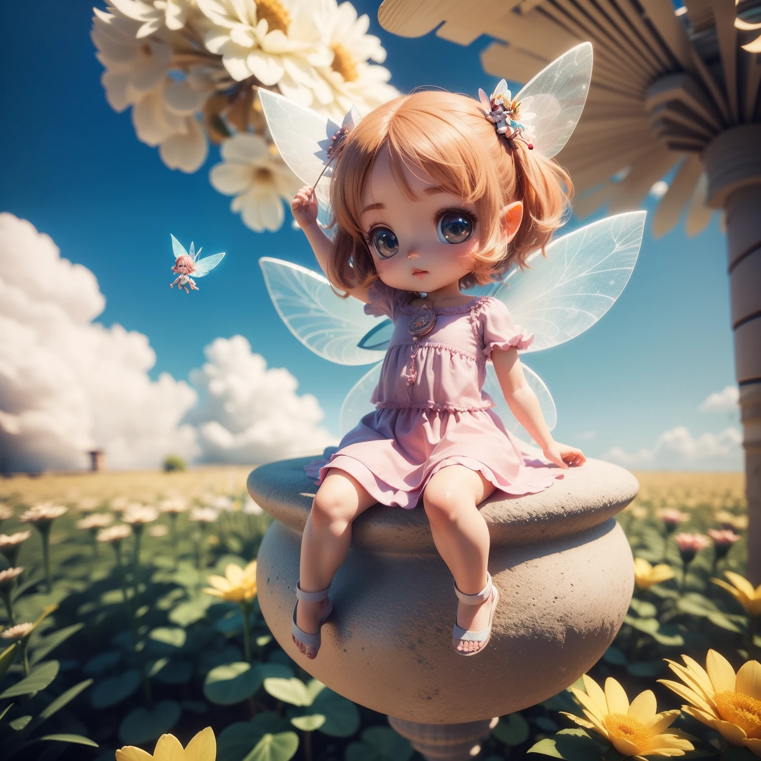 Cute  Chibi Anime、(((chibi 3d))) (Best Quality), (masutepiece)、(Chibi Fairy:1.3) (Floating in mid-air:1.3), Fly over flowers, Sit on a flower in the air、Under no gravity, Bird's Garden View,Rainbow in the sky