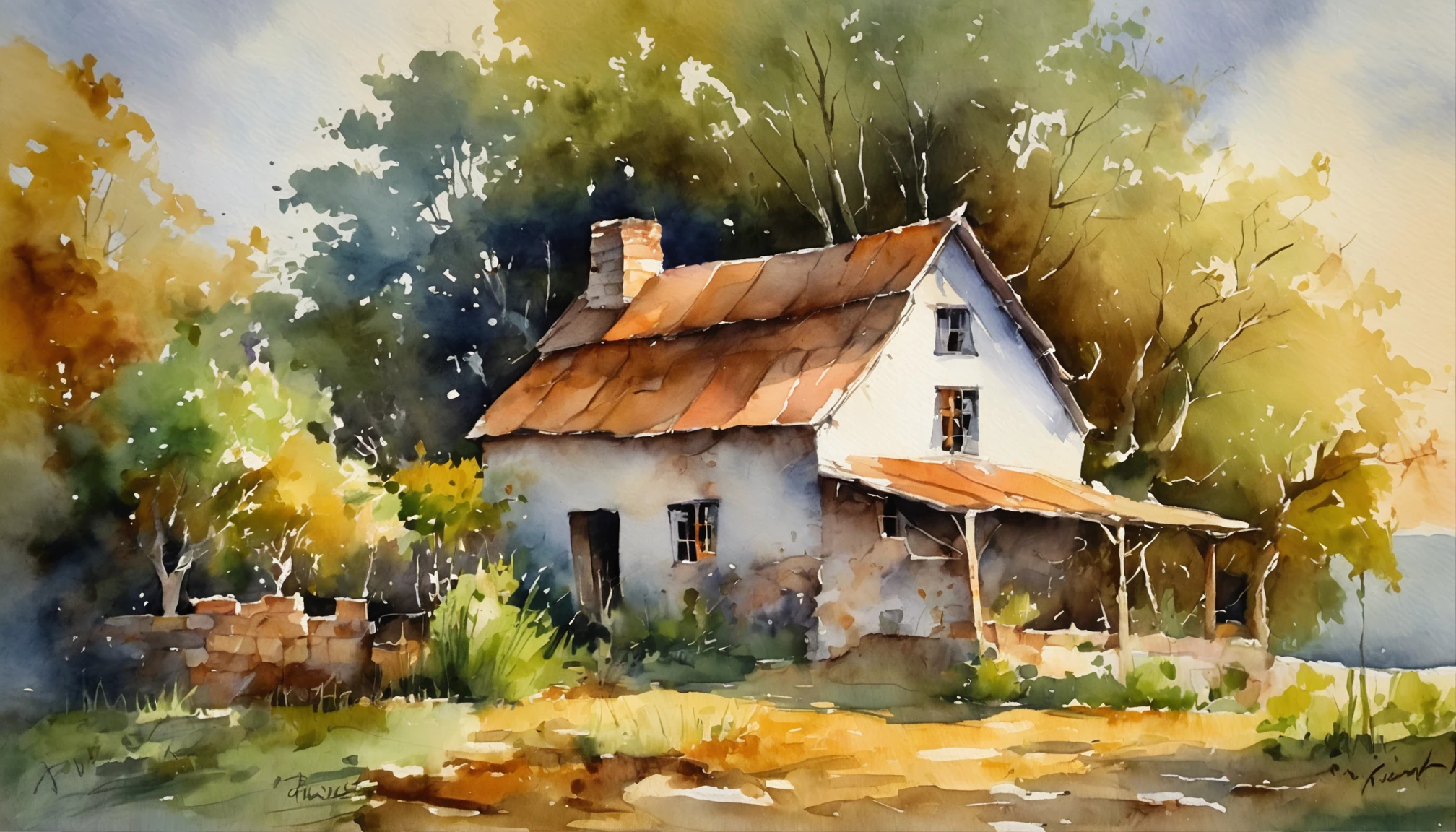 A farm house under the big tree beside the stream, Sunset, Oil painting, classic style, rich colors, brushstrokes, vibrant textures, expressive portraits, dynamic composition, capturing light and shadow, artistry, timeless beauty.
