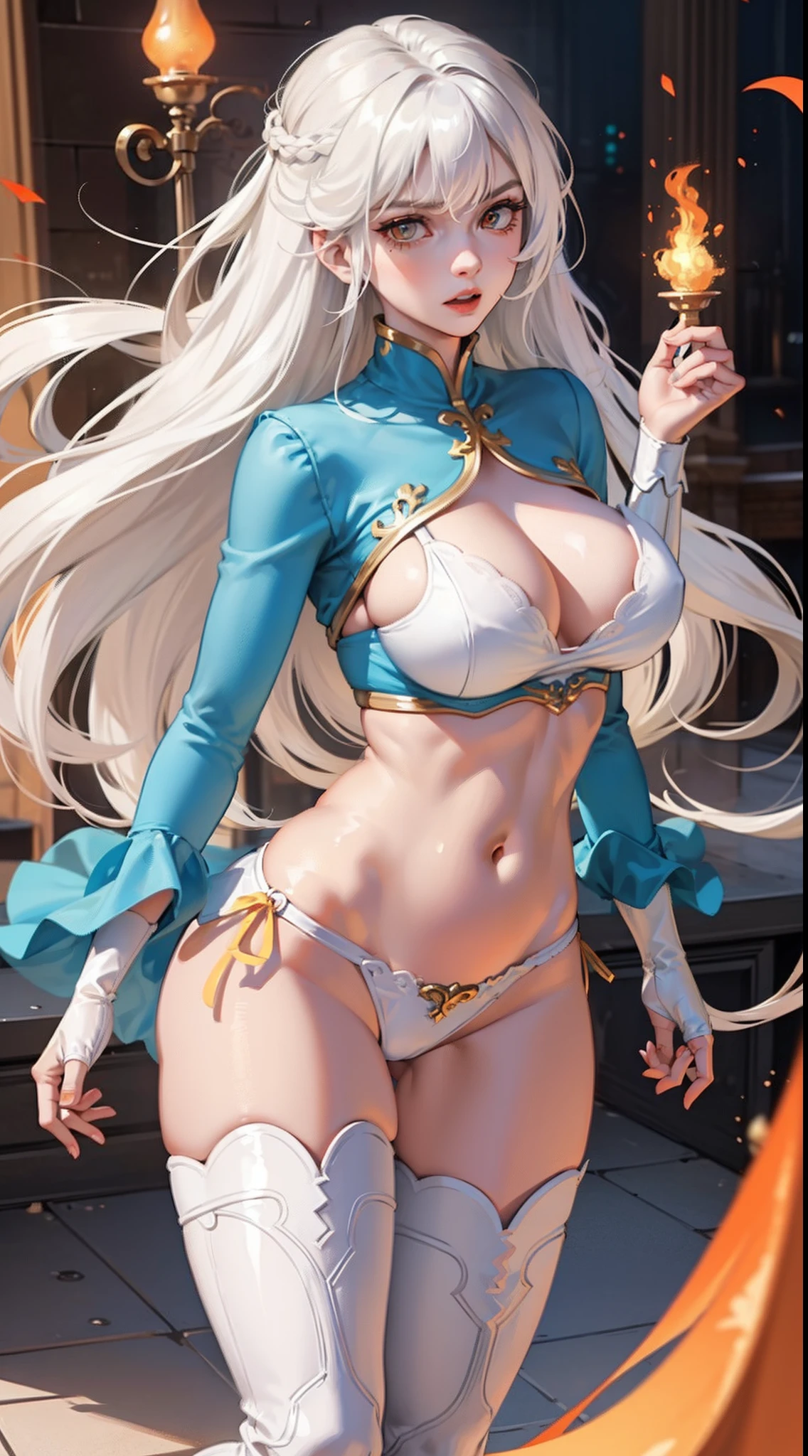 Adult woman, Long white hair, Orange Eyes, big breastes, open breasts, open belly, blue tight top, Iron sleeves, Iron boots, open thighs, brawn, anger, Masterpiece, hiquality