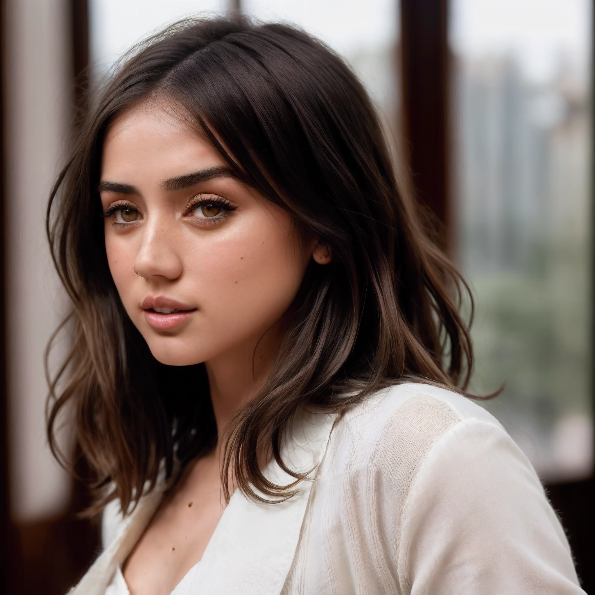 arafed woman with long hair and a white shirt looking at the camera, portrait of ana de armas, ana de armas portrait, ana de armas, ana de armas as joan of arc, portrait sophie mudd, charli bowater, imogen poots d&d paladin, chloe bennet, side portrait of imogen poots, violet myers