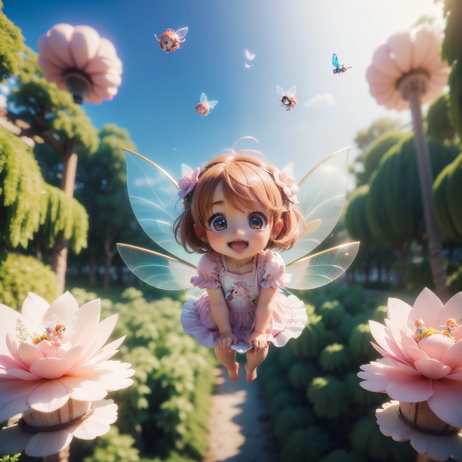 Cute Baby Chibi Anime、(((Chibi 3D))) (Best Quality), (masutepiece)、(Chibi Fairy:1.3) (Floating in mid-air:1.3), Fly over flowers, Sit on aerial flowers、Under no gravity, Birds Garden View,Rainbow in the sky,Open your mouth and smile。