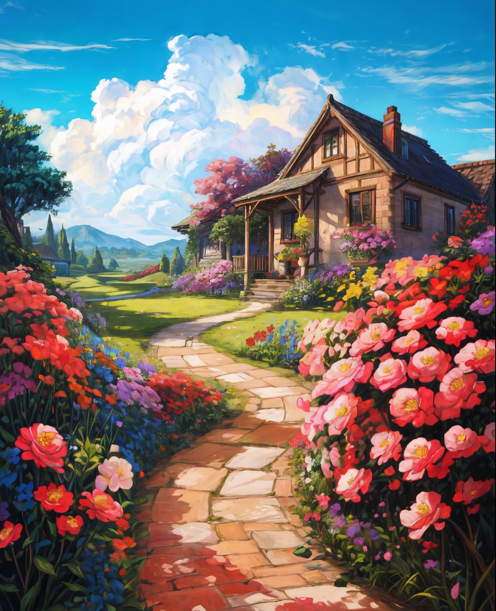 painting of a house in a garden with flowers and a pathway, rich picturesque colors, flowery cottage, full of colors and rich detail, beautiful house on a forest path, idyllic cottage, beautiful art uhd 4 k, blossoming path to heaven, scenery art detailed, a beautiful artwork illustration, scenery artwork, detailed painting 4 k