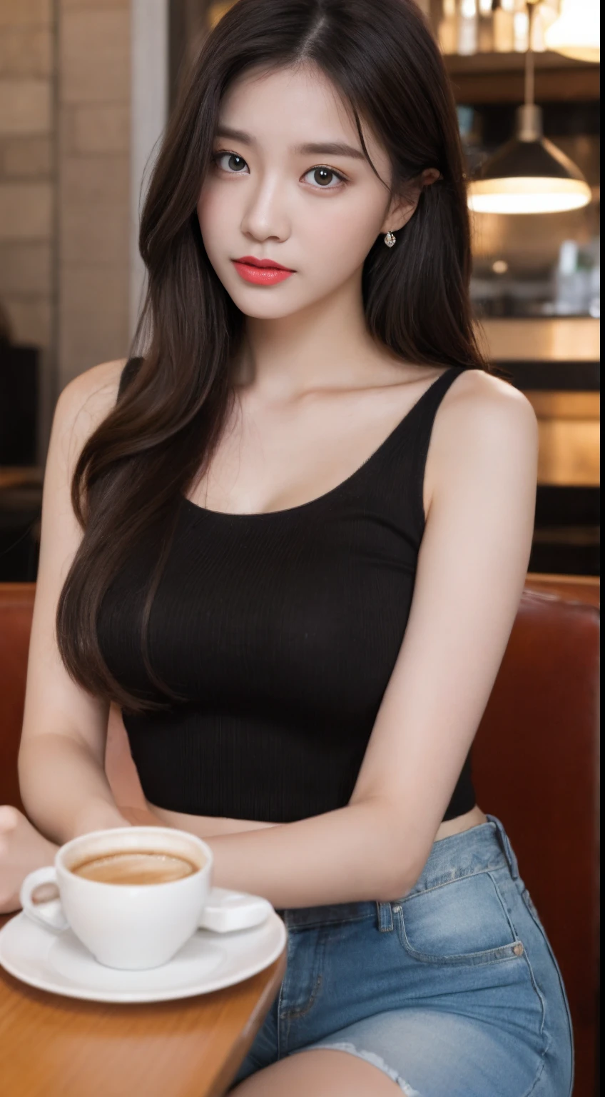 (realisticlying, A high resolution:1.3), 1 girl with a perfect body, Super fine face and eyes,long whitr hair, Tank top of random colors:1.2, short jeans pants, in a cafe, Coffee on the table, huge tit,