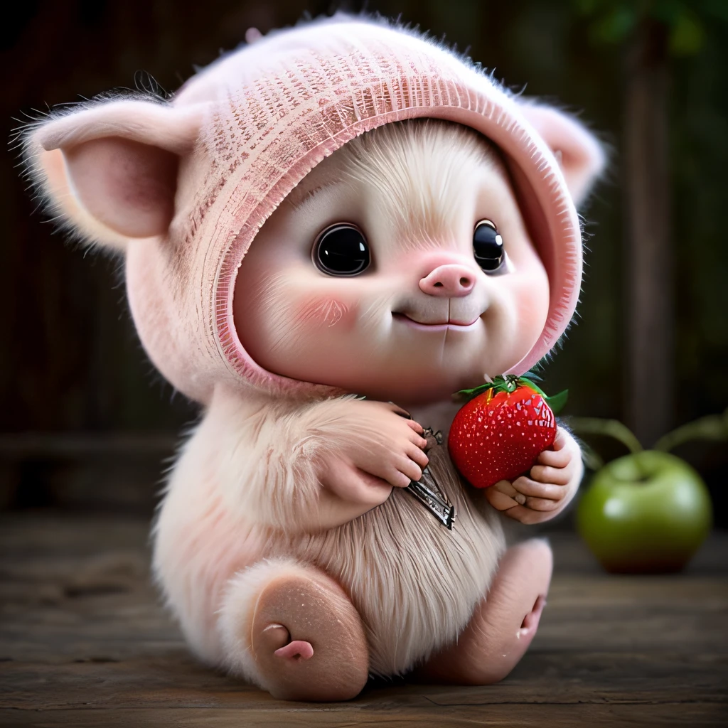 : 3.A pig, realistic, hairy, clothed animal, apple, dark circles, blush, cherry, food, fruit, full body, hat, non-human, strawberry, tomato, watermelon