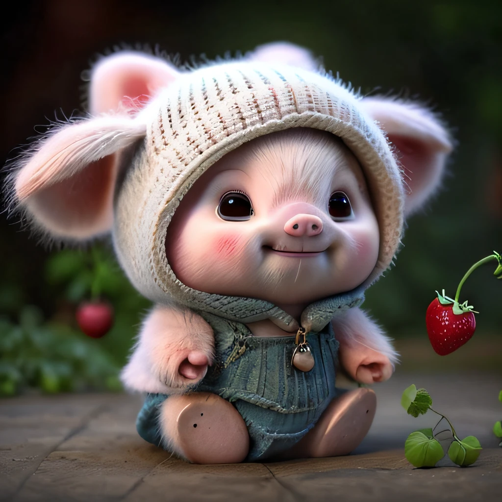 : 3.A pig, realistic, hairy, clothed animal, apple, dark circles, blush, cherry, food, fruit, full body, hat, non-human, strawberry, tomato, watermelon