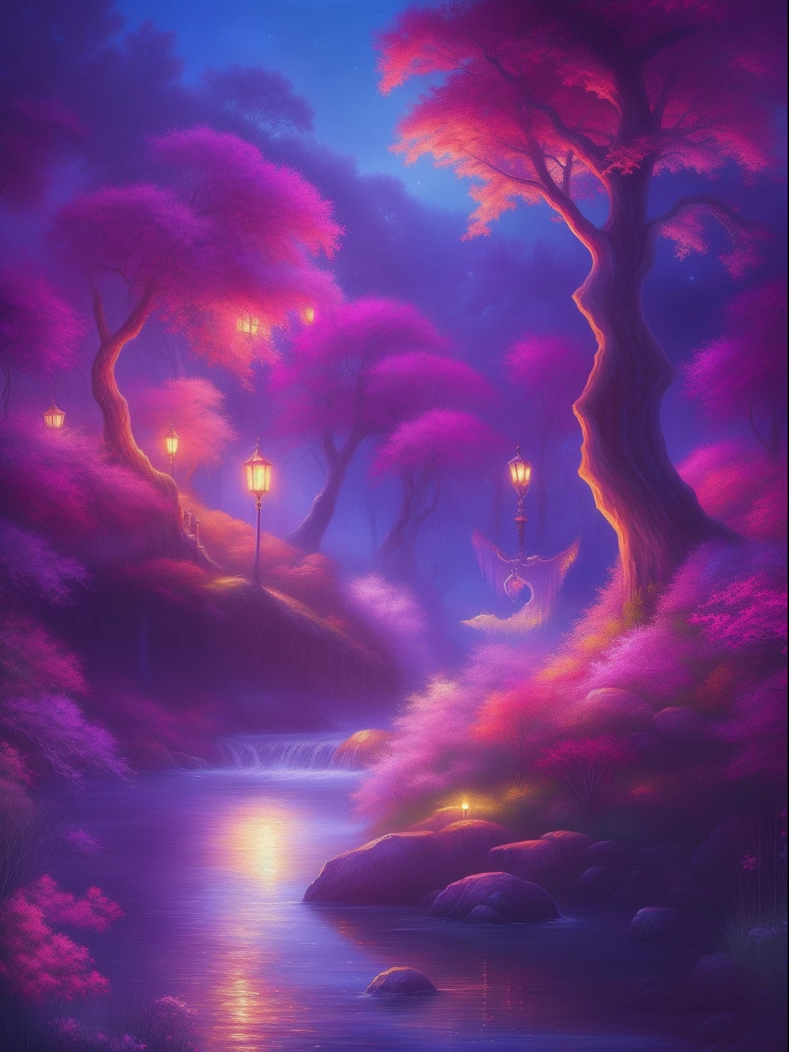 My heart is an ocean, fantasy art, cinema 4d, matte painting, polished, beautiful, colorful, intricate, eldritch, ethereal, vibrant, surrealism, surrealism, vray, nvdia ray tracing, cryengine, magical, 4k, 8k, masterpiece, crystal, romanticism -- Create a stunning landscape of an illuminated enchanted forest in the twilight. The painting should have a soft, ethereal lighting and vibrant pastel colors. The style should be realistic, resembling the works of Thomas Kinkade. Use oil on canvas as the medium, focusing on creating a high-definition scenic painting.