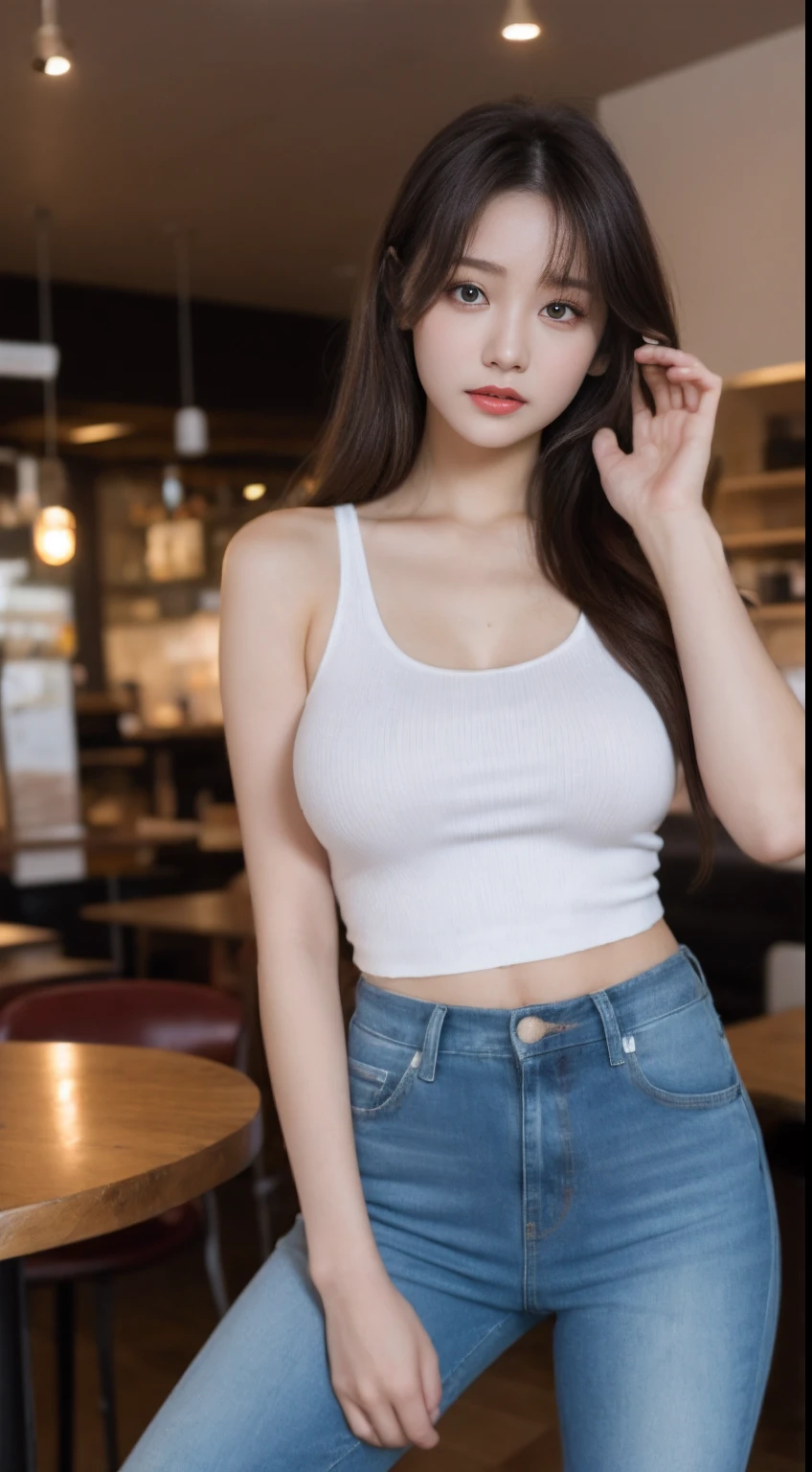 Open shirt, (((Leaning forward))), ((,Round face, Around ,mini skirt、loose tank top)),  Long Hair, , Natural Makeup, Lips become thicker, Sexy Gaze, barefoot, ((Raise one leg)),  Shooting from below,Gentle expression ,((Extremely precise and accurate anatomy)),  (masterpiece:1.43), Perfect proportions, Realistic photos, Full Shot, whole body, (height: 165cm), 