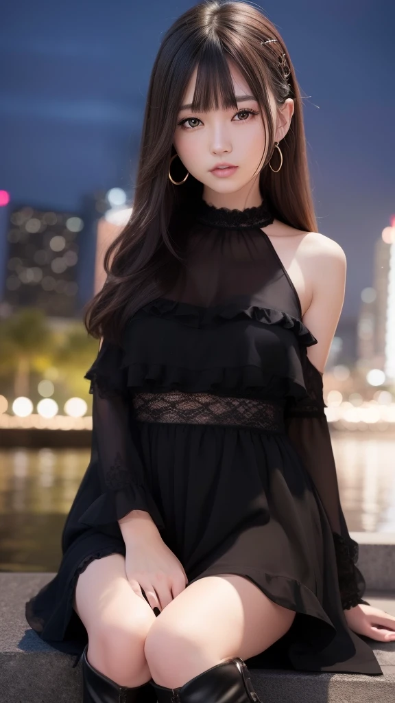 masterpiece、top-quality、in 8K、Raw photo、(Photorealsitic: 1.4)、ultra-detailliert、hight resolution、finely detail、natural soft light、独奏、(1girl in:1.4 )、Brown hair:1.4、 length hair、(real looking skin:1.2)、Beautiful Girl Beautiful Details、extremely detailed eye and face、ultra detailed and beautiful、Laughing:1.5、Black eyes、Black ruffled dress、Black boots、sitting on ground、blurry backround、Night city