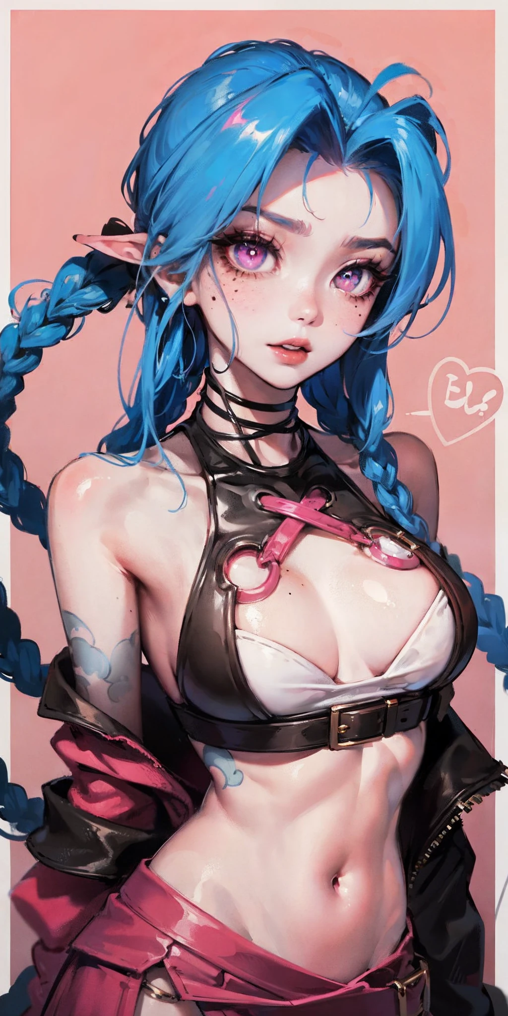 Jinx,White border on light red background,D-cups,,Superskirt,,Leaky belly button,High detail,ahegao face,Moles under eyes, Heart-shaped pupils,Love pupils,D-cups,cropped shoulders,Lots of hearts,Fleshy thighs,highly rendered,detailed face with