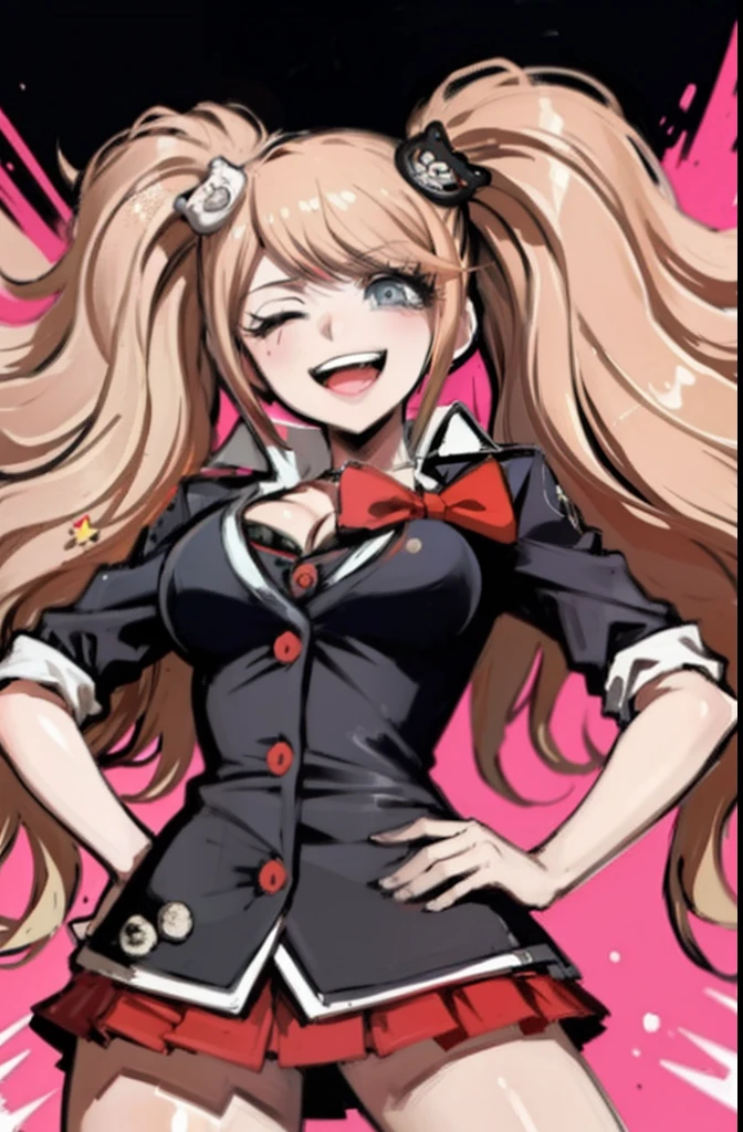 (masterpiece, best quality),  intricate details,
1girl, hands on hip, standing, straight, laughing, explosion background, Junko Enoshima, evil laughter