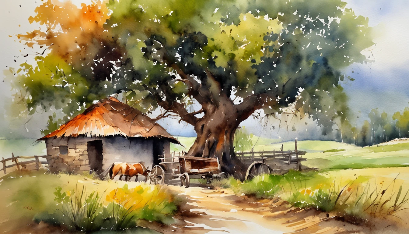 A farm house under the big tree beside the stream, Sunrise, bullock cart ,  Oil painting, classic style, rich colors, brushstrokes, vibrant textures, expressive portraits, dynamic composition, capturing light and shadow, artistry, timeless beauty.