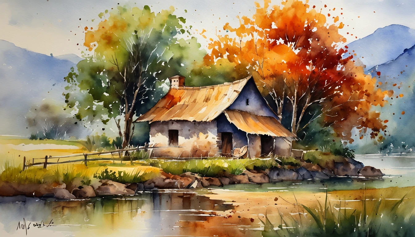 A farm house under the big tree beside the stream, Sunrise, bullock cart ,  Oil painting, classic style, rich colors, brushstrokes, vibrant textures, expressive portraits, dynamic composition, capturing light and shadow, artistry, timeless beauty.