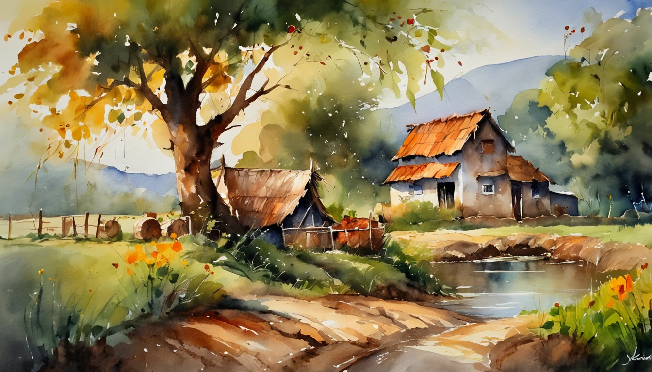 A farm house under the big tree beside the stream, Sunrise, bullock cart , Oil painting, classic style, rich colors, brushstrokes, vibrant textures, expressive portraits, dynamic composition, capturing light and shadow, artistry, timeless beauty.