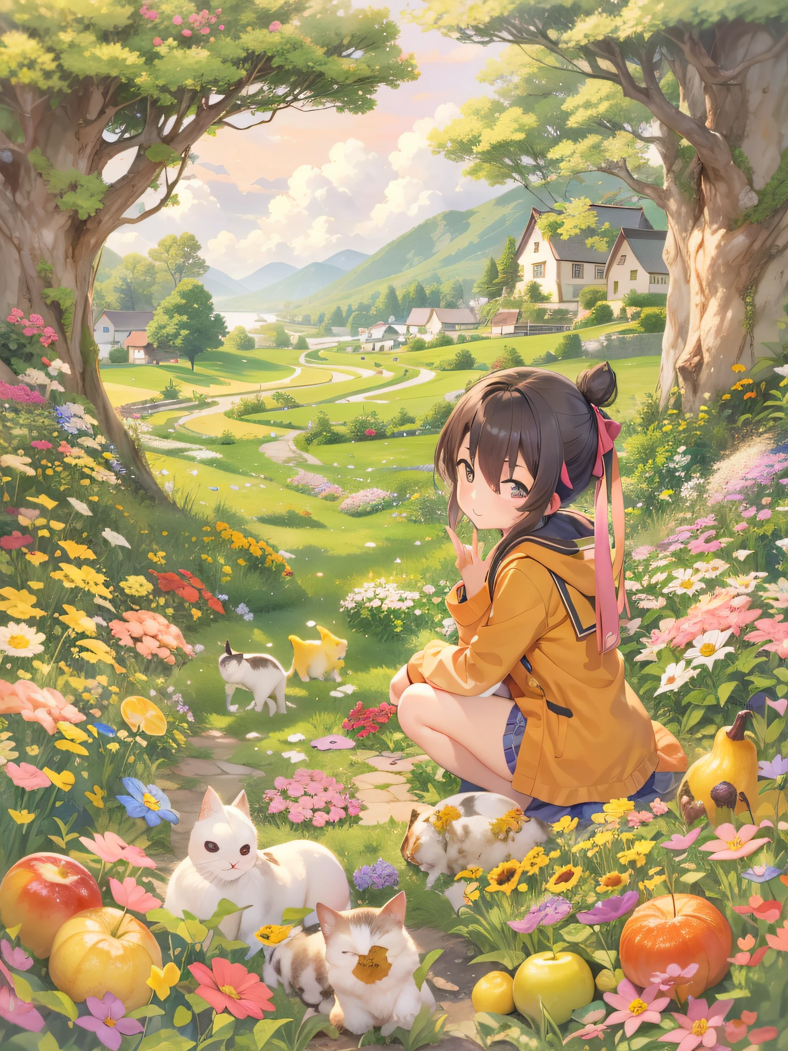 hiyao miyazaki,There are many characters,Varies in size,Many children,A sea of colorful flowers,Tender green meadow,The countryside of fruits and vegetables,house,rios,snow mountains,lakes,peacful,Ultra healing,Many small animals,Retina screen,4K,