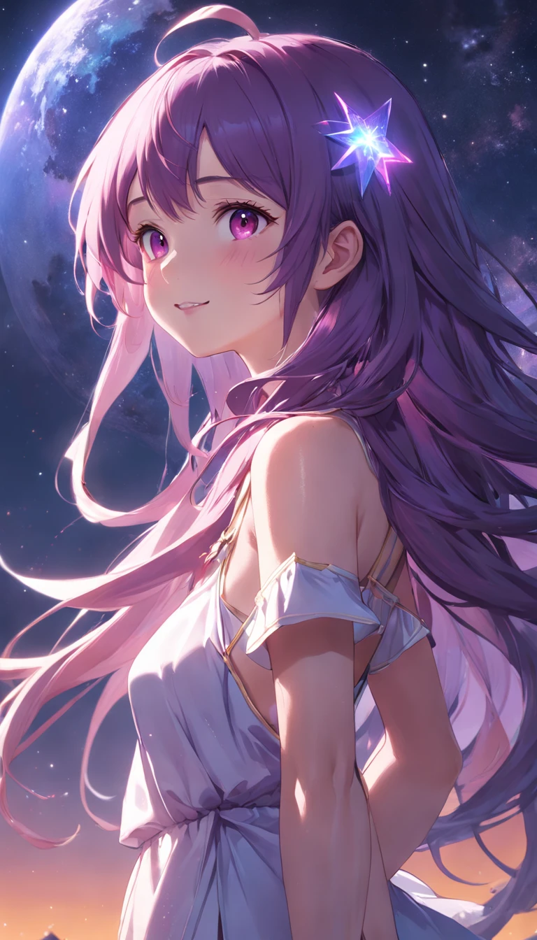 (extremely detailed CG unity 16k wallpaper:1.1), (Denoising strength: 1.45), (tmasterpiece:1.37), (Full body posing:1.4:), whole-length, Dynamic angle, starry sky, lifelike texture, side lighting, full_moon, stars, in summer, guro, game_cg, science_fiction, absurdres, miko, hair down, purple hair, hime_cut, blunt bangs, light smile, tsurime, pink eyes, turning around, sparkle, glowing light, ray tracing, masterpiece, best quality, UHD