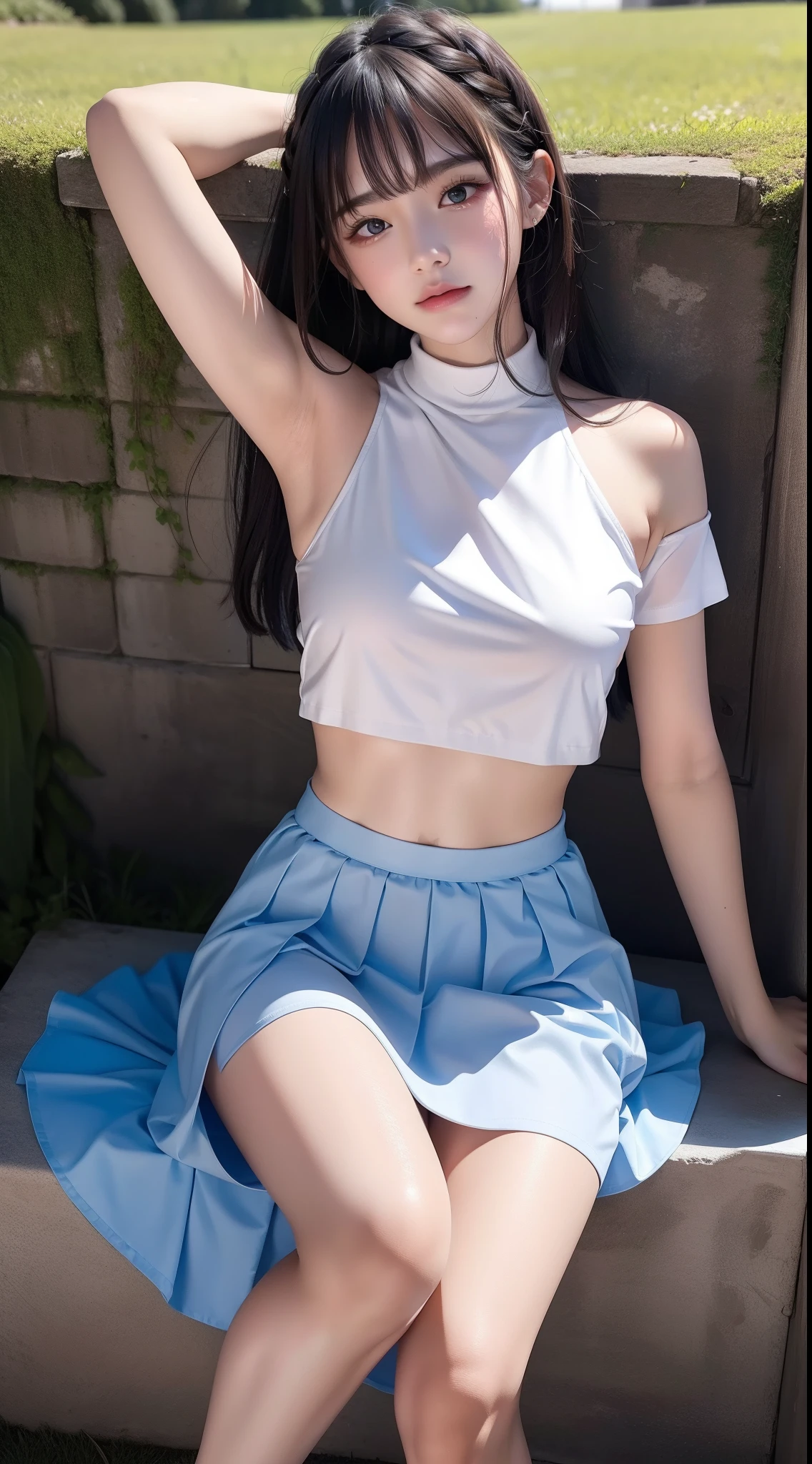 Highly detailed CG Unity 8k wallpaper, quality, 超詳細, tmasterpiece, actual, Shoot real, A very attentive and lovely girl, -yeld gi, young girls:1.2，Cute face，Pale blue hair，random hair style, Long hair and waist,Colossal titacing the front there, spread your legs,White transparent dress (skirt lift), Lift up your skirt yourself,Non-marking transparent skirt， （'s）, Crotch focus,Lace suspenders，stocking strangulation，a slender waist，Great Assa， Be red in the face, Open lips, looking at viewert, low perspective，slit top, (Crowded city), Dull bangs, small, (The delicate shape of the female pubic bone  clearly visible: 1.4), girl，Full body photo，One guy