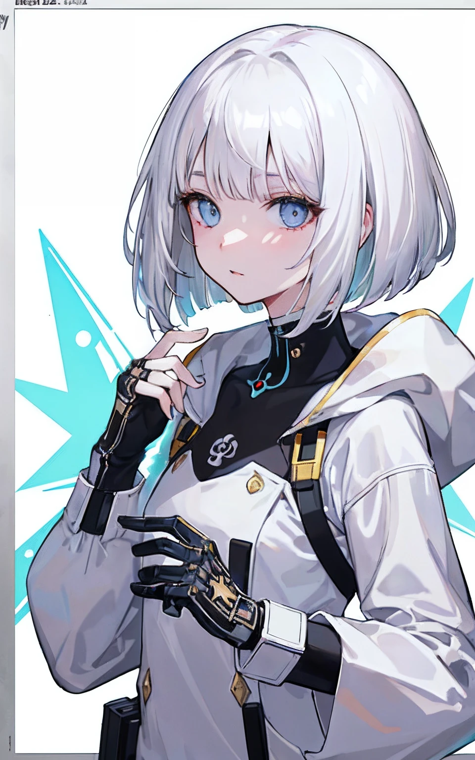 (masuter piece,Best Quality,Ultra-detailed), (A detailed face), Movie Posters, hight resolution, 1girl in, (front-facing view), (cyberpunked), (Lucy), silver white hair, (golden-white hair with bangs,), (bob cuts), Two-tone hair, Gold Eye, white clothes, White cloak, The upper part of the body, flat-chest, (Beautiful Detail Eye: 1.1), (Detailed hand), (Detail light: 1.1), Film Light, pale skin type, (looking at the viewers), (magazine:1.3), (cover-style:1.3), Textured skin, Super Detail, Tarot Boundary, border, Alfonse Mucha, Dynamic streaks, locus:1.2, Dim color scheme