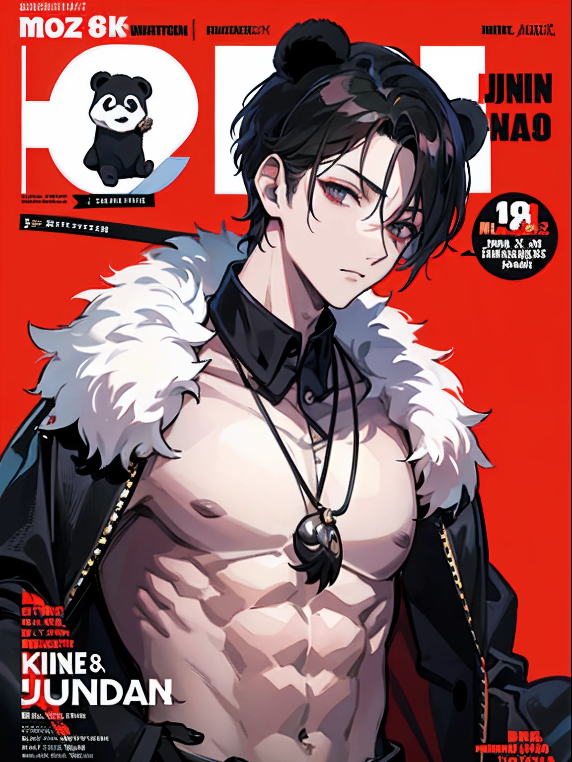 magazine cover, Jin, Cultivator, Panda, Chi, Strong, Boss, Short Black Hair, High spiritual power, modern settings, 8k, masterpiece, solo male, handsome, killer,