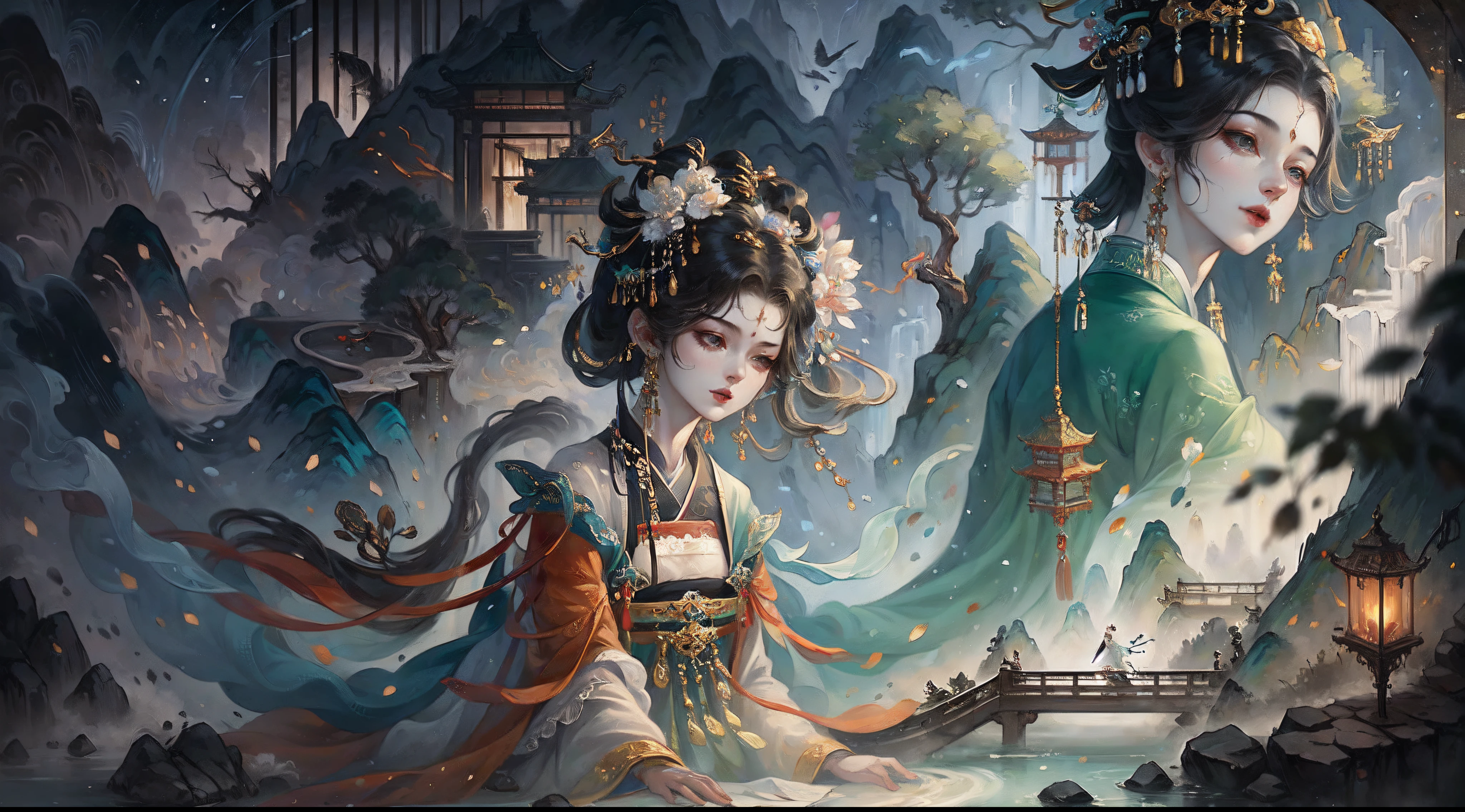 Illustration scenes,Best quality, Masterpiece:1.2), (offcial art, Extreme detail), cinematic compositions,full bodyesbian,A goddess, Exquisite facial features,Chinese costume, Hanfu, Headwear, Hair accessories, Earrings, jewelry,Fairyland on earth, Soft light, Tradition Chinese Ink Painting,delicated face,Normal hands,normal and,Rich color combination,(scenography),Magnificent Chinese-style architecture,Temple,Depth-of-fie,symmetrical design,Huge building,cyber punk perssonage((Antique tower,The stonework,Ancient bridge,lake water,the trees,Chinese lamps,neonlight)),rich details,Ancient Chinese Tang Dynasty style,Antique sci-fi atmosphere,Extreme light and shadow,Delicate and soft painting style,film level light effect,high-definition picture quality,the soft light,Dingdall effect,Ghost ape painting style,rich details,Refer to Gu Kaizhi,32K,High picture quality,A high resolution,(Very detailed CG unity 8K wallpaper)