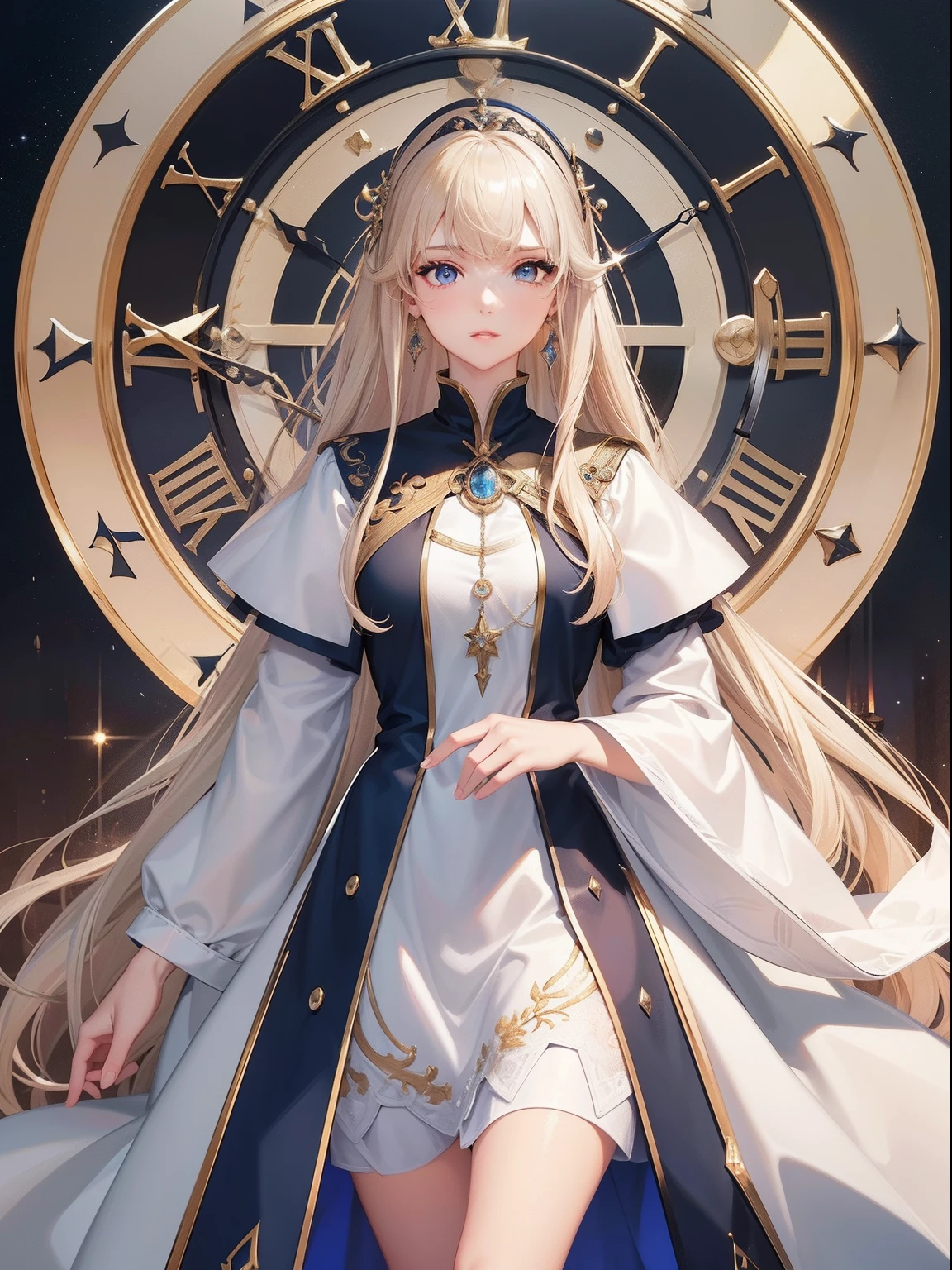 masterpiece、top-quality、hight resolution、High-quality images、8K、1womanl、detaileds、Detailed eye depiction、skin gloss、shinny hair、platinum-blonde long hair、Soft hair、anastasia、portlate、colourfull、clocktower、Earring、Clothing in the style of the Middle Ages