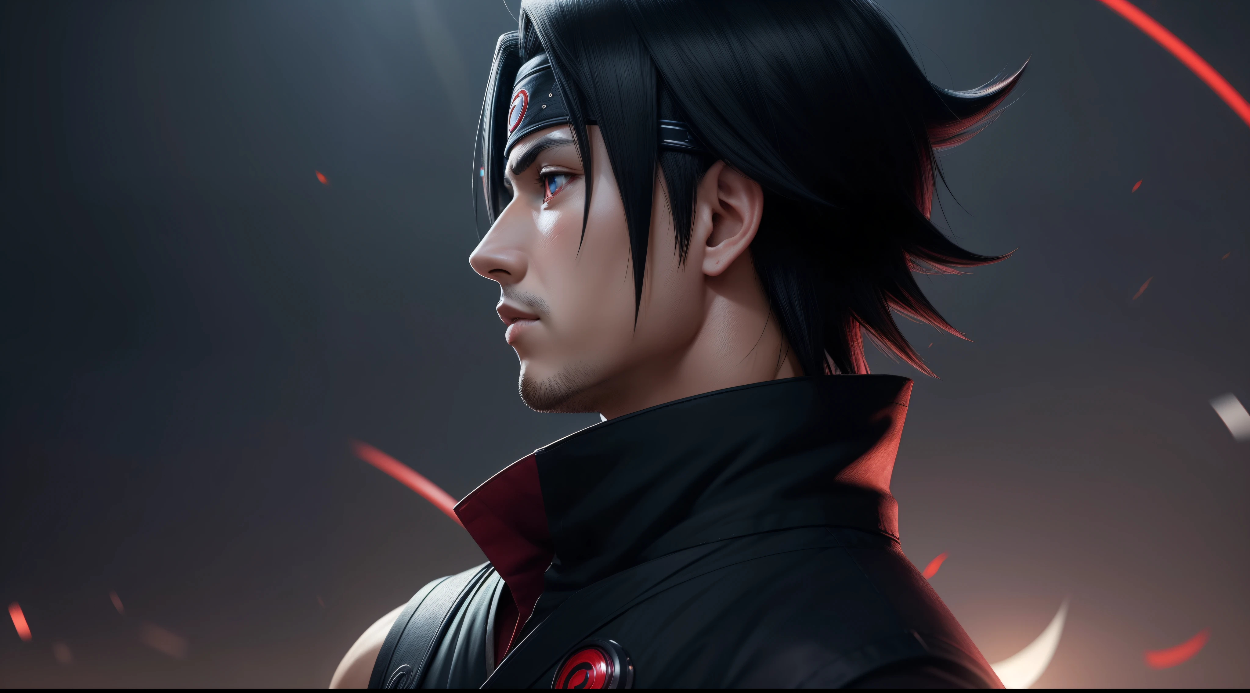 Profile picture, masterpiece, solo, extremely accurately rendered texture rendering, handsome Uchiha Sasuke coldly looks at the viewer, solo, trustworthy, savior of the world, simple design, image The most beautiful, 8K, light red eyes, color similar to the original ninja according to the story.