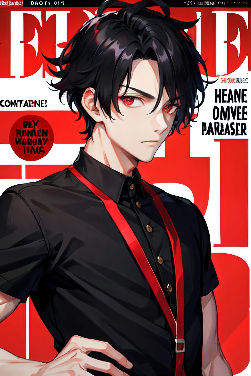 1 boy, handsome boy, black hair, comma hair, forehead comma hair, street style,, shiny, Red eyes, looking at viewer, upper body, megazine cover
