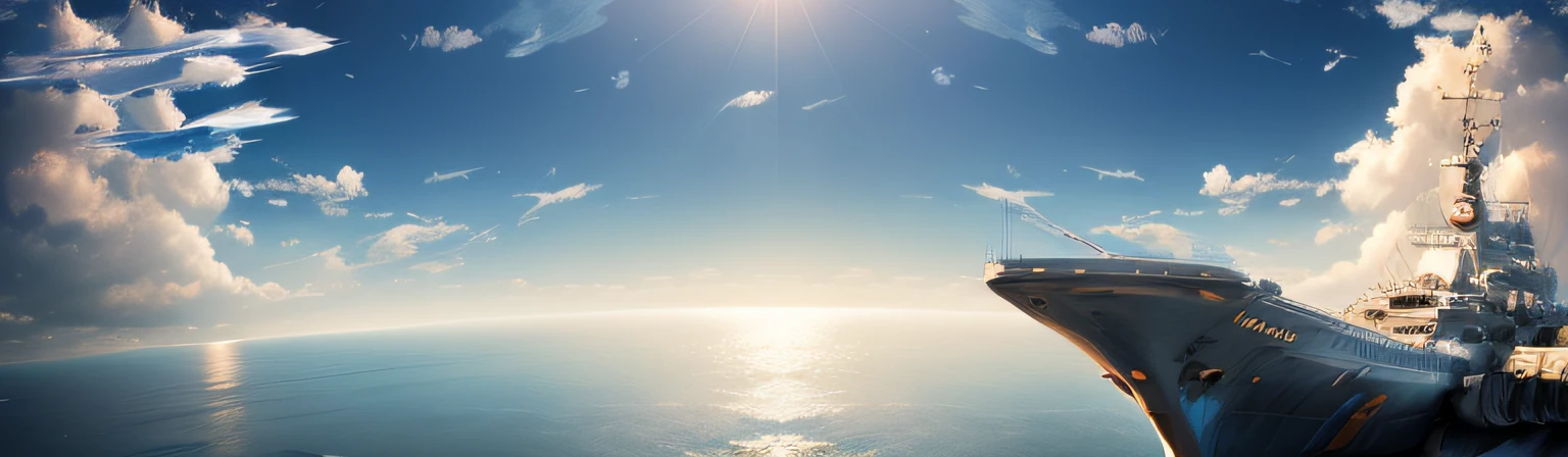 Fighter carrier, , Blue sky and sea, Texture, Cinematic style Majestic style, Realisticstyle, , in a panoramic view, natural soft light,