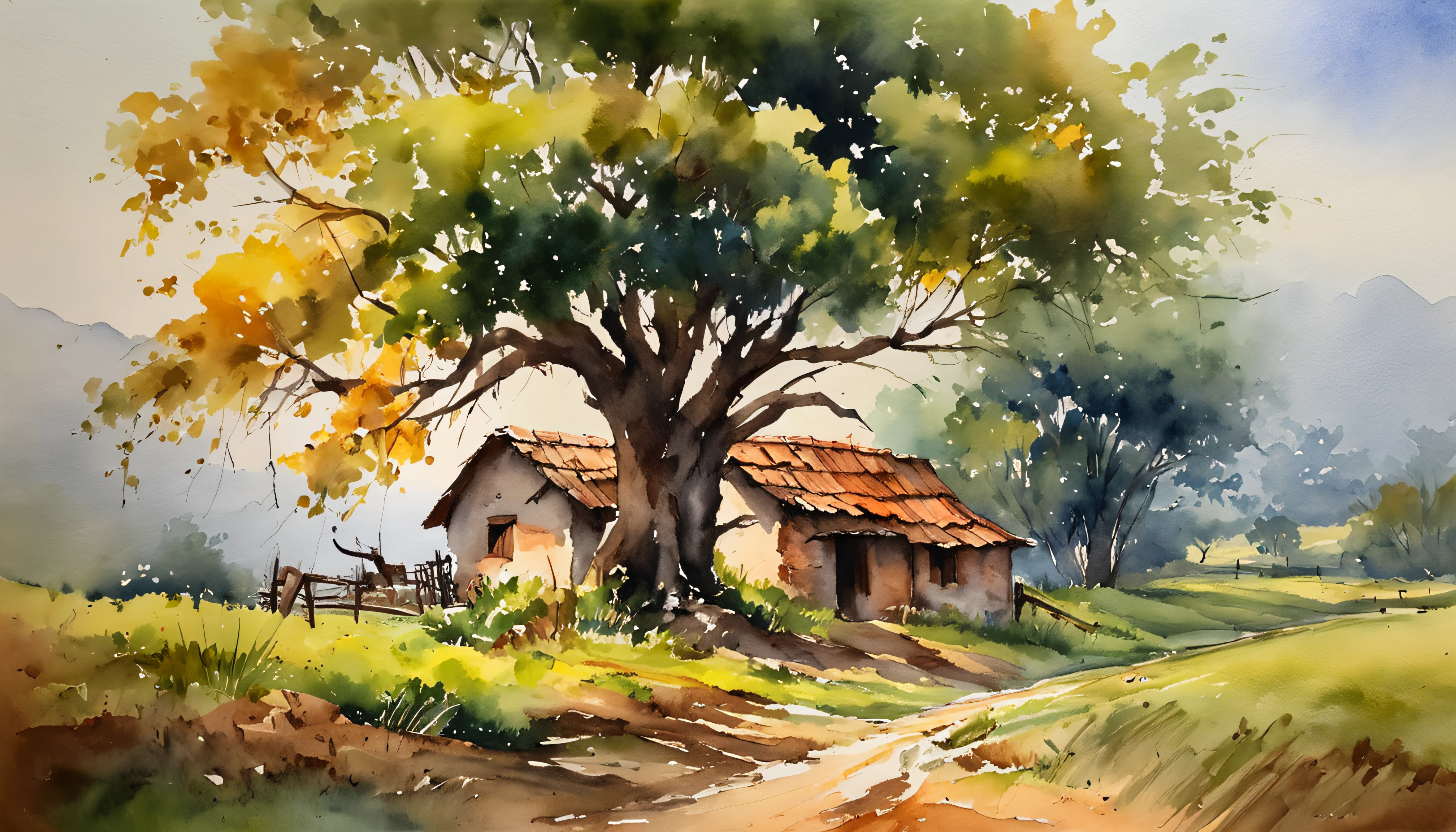 A farm house under the big tree beside the stream, Sunrise, bullock cart ,  Oil painting, classic style, rich colors, brushstrokes, vibrant textures, expressive portraits, dynamic composition, capturing light and shadow, artistry, timeless beauty.