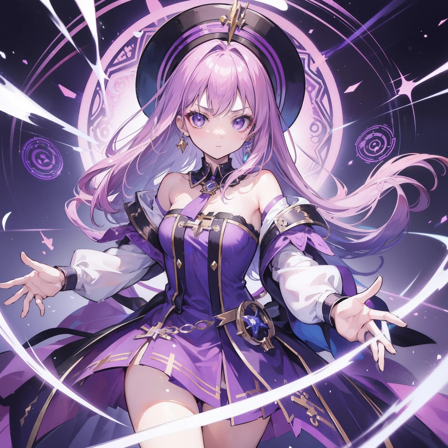 masutepiece, Solo, 1girll,  Celine Jules casts a spell, Serious, Purple Dress, forehead mark,  Jewelry, hat, magic circles, abstract background, Swirls of light, lightning magic, Dynamic Pose