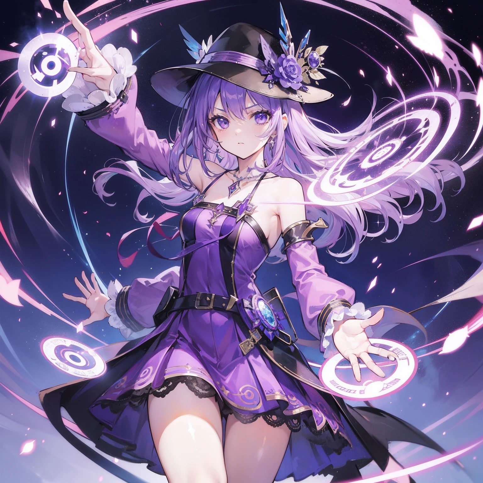 masutepiece, Solo, 1girll, Celine Jules casts a spell, Serious, Purple Dress, forehead mark, Jewelry, hat, magic circles, abstract background, Swirls of light, lightning magic, Dynamic Pose