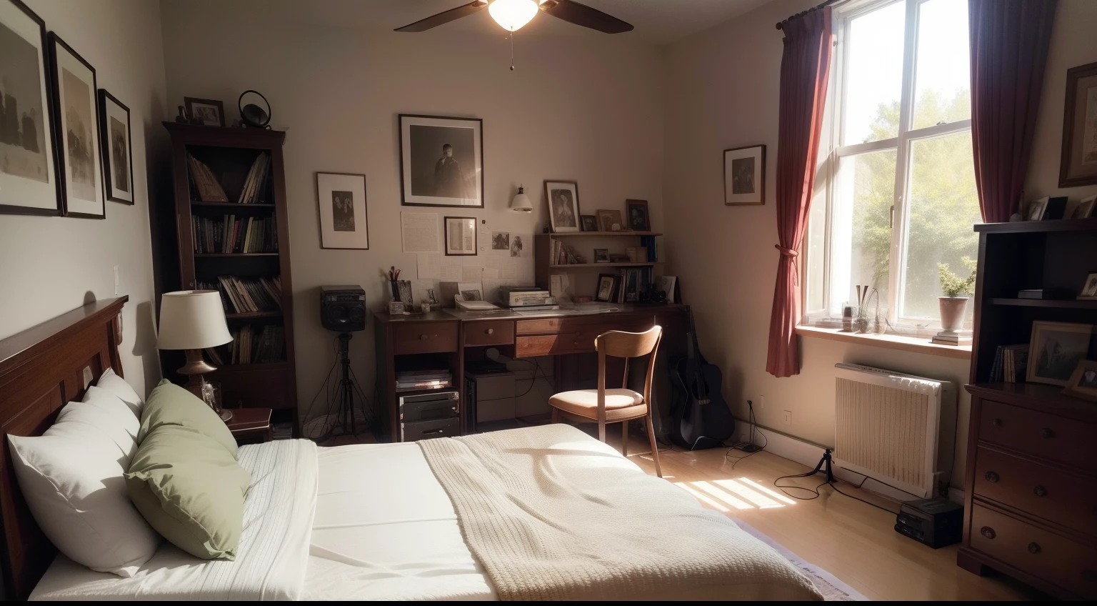 A room for music lovers,There are many posters of musicians on the bedside wall,There is an alarm clock on the bedside table,There are also some CD cases,There is a writing desk next to the bed,There is a computer on the desk,On the computer screen is music editing software,There is a microphone stand on the side of the desk,There is a guitar in the corner,The walls of the room are covered with music-related posters,There are a lot of CDs in the bookcase in the corner,The whole room is full of musical elements,cinematic Film still from,meticuloso,detail-rich,At the foot of the bed was a window,Light comes in through the window,It seems that the room is very three-dimensional,Fine art scenes,电影灯光,Superb image quality