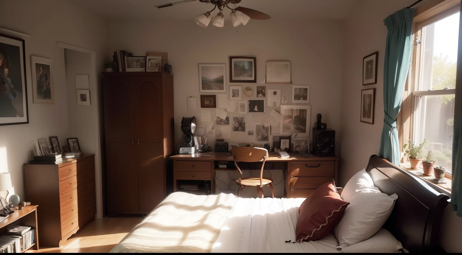 A room for music lovers，There are many posters of musicians on the bedside wall，There is an alarm clock on the bedside table，There are also some CD cases，There is a writing desk next to the bed，There is a computer on the desk，On the computer screen is music editing software，There is a microphone stand on the side of the desk，There is a guitar in the corner，The walls of the room are covered with music-related posters，There are a lot of CDs in the bookcase in the corner，The whole room is full of musical elements，cinematic Film still from，meticuloso，detail-rich，At the foot of the bed was a window，Light comes in through the window，It seems that the room is very three-dimensional，Fine art scenes，电影灯光，Superb image quality