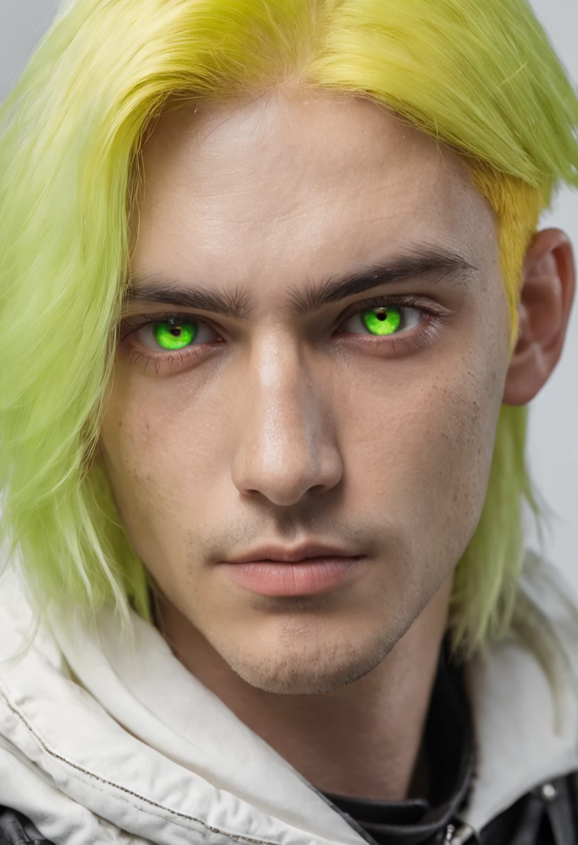 boy，Handsome，k hd，Yellow hair with white dye，There are two moles under the right eye，Emerald green eyes，motorbiker，Cyberpunk style，photorealestic，mid - length hair