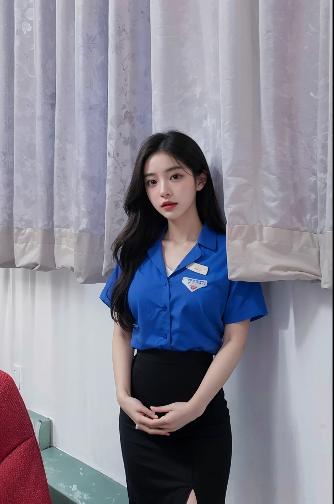 there is a woman standing in front of a wall without a shirt and just a blue bra, xintong chen, wenfei ye, yun ling, li zixin, wearing rr diner uniform, 21 years old, zeng fanzh, jinyiwei, 21 years old, wei wang, nivanh chanthara, wenjun lin, gemma chen, pengzhen zhang, big breasts, sexy girl, blue bra, sexy blue bra, (hyperrealistic), (illustration), (high resolution), (8K), (extremely detailed), (best illustration), (beautiful detailed eyes), (best quality), (super detailed), (masterpiece), (wallpaper), (detailed face), solo, (dynamic pose), 1 girl, wavy hair, korean, heterochromic eyes, big breasts, long legs, tightens abs, (camel toes), (black stockings), (blue bra), (blue ),
