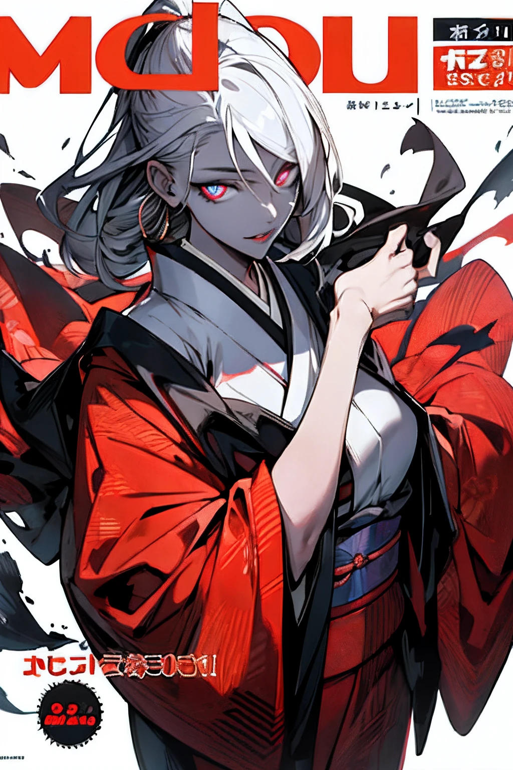 (magazine cover:1.3), (original: 1.2), masterpiece, best quality, beautiful clean face, (full body:1.1), 3d face, glowing eyes, shiny hair, lustrous skin, solo, looking at viewer, upper body, kimono