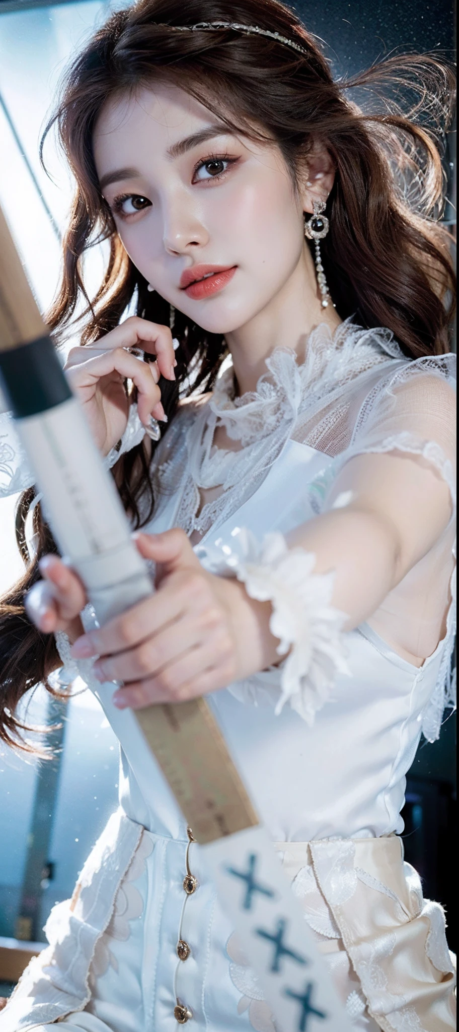 (((Medium hair))), best qualtiy, 8K, hdr, A high resolution, absurderes:1.2, blur backgroun, Background bokeh:1.2, photography of, (RAW photo:1.2), (真实感:1.4), (Masterpiece:1.3), (complexdetails:1.2), 1girll, 独奏, japanaese girl, delicated, Beautiful detailed, (Delicate double eyelids), (Detailed facial features), Bigboobs, (((Large breasts))), Skin Firm, (Looking_at_peeping at the viewer), From_Front, （being thin），（best qualtiy：1.4），（超A high resolution：1.2），cinematic lighitnglamplight，（Extremely detailed illustration），（Gloss on lips，best qualtiy，超A high resolution，depth of fields，Caustics，Extensive illumination，naturalshadow，85mm， f/1.4, iso 200, 1/160s:0.75),1girll, Solo, (((Silk vest))) Smile, ((silk garment,pleatedskirt,‎Classroom))