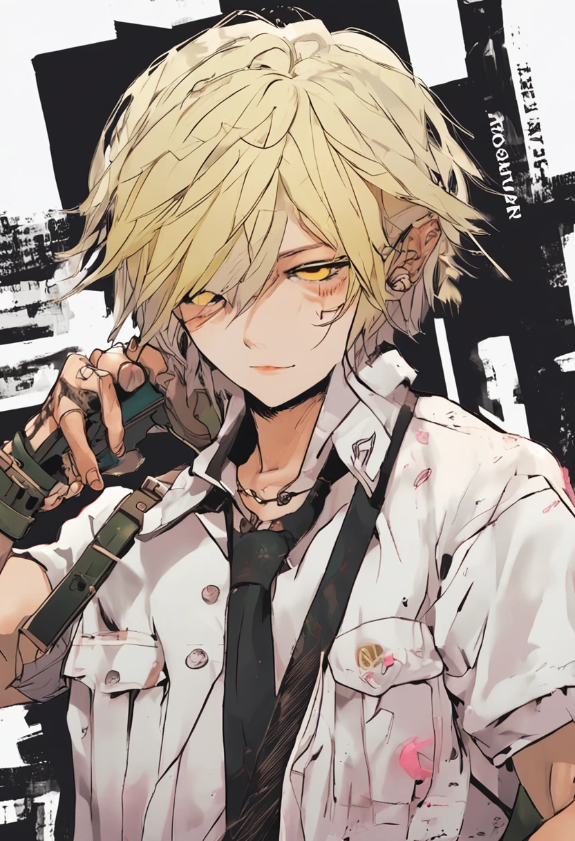 boy,Handsome,k hd,Blonde hair with white dye in it,There are two moles under the right eye,Emerald green eyes,Hold a concert,Cyberpunk style,photorealestic,mid - length hair,plays the guitar,There is a K-shaped tattoo on the neck