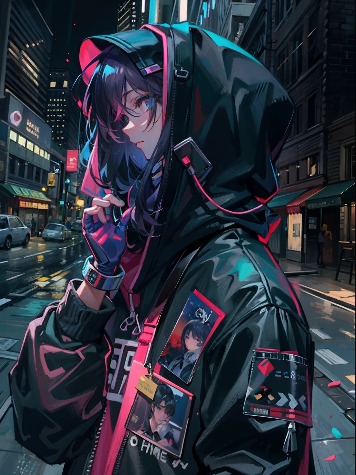 tmasterpiece, byself, 独奏, unbelievable Ridiculous, hoody, Earphone, the street, exteriors, Sateen, neonlight,handsome,male people,cyber punk perssonage