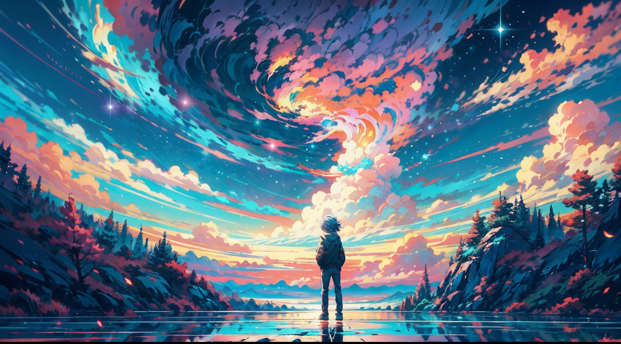 anime boy standing on a rock looking at a star filled sky, makoto shinkai cyril rolando, anime art wallpaper 4k, anime art wallpaper 4 k, anime art wallpaper 8 k, cosmic skies. by makoto shinkai, inspired by Cyril Rolando, in the style dan mumford artwork, amazing wallpaper, by Yuumei, white hair