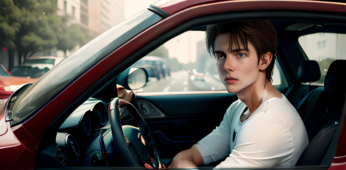 A handsome foreign boy with brown hair,eBlue eyes,Looks like Tom Cruise,Fit in shape,Sit on a convertible cherry red Ferrari,looking at the distance,He sat in the cab,Hold the steering wheel in your hand。Realist details,Ferrari wants to be real,The face line should be rigid,Be deep in your eyes,The corners of the mouth are upturned,There is cynicism