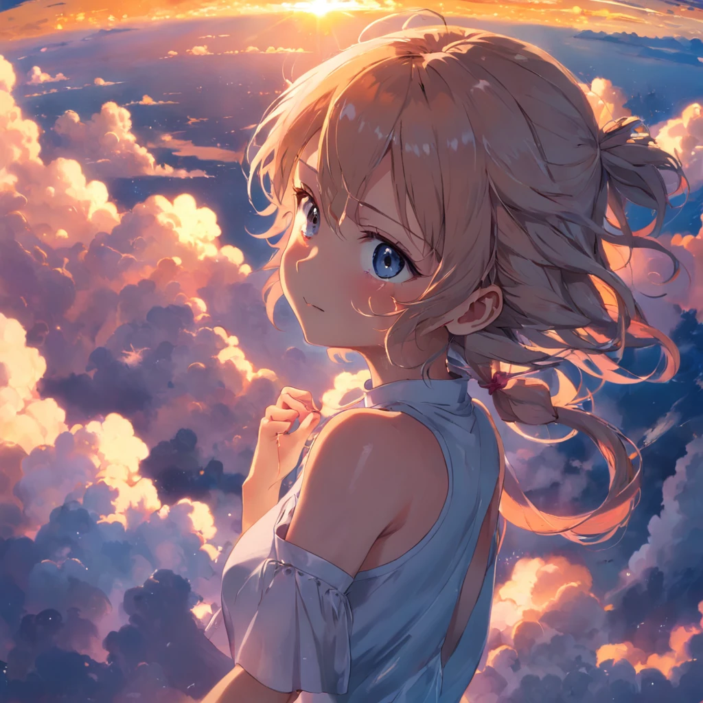 tmasterpiece，best qualtiy，cinematic Film still from，1girl，Cloud Girl，Floating in the sky，closeup cleavage，brightly，cheerfulness，Warm and soft lighting，the sunset，（spark of light：0.7）Estilo de Makoto Shinkai