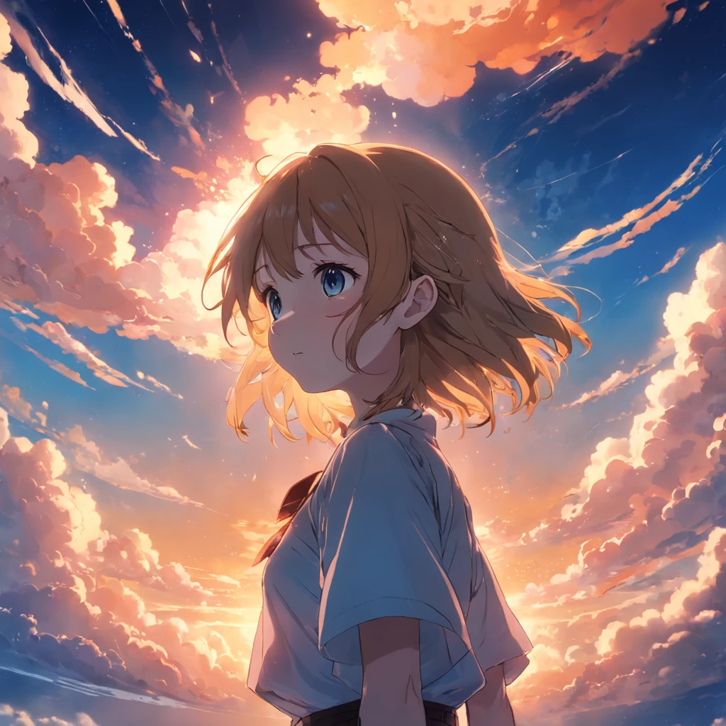 tmasterpiece,best qualtiy,cinematic Film still from,1girl,Cloud Girl,Floating in the sky,closeup cleavage,brightly,cheerfulness,Warm and soft lighting,the sunset,(spark of light:0.7)Estilo de Makoto Shinkai